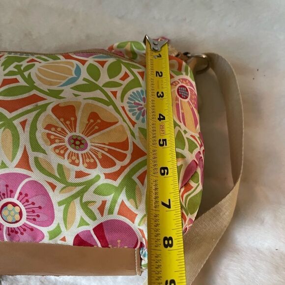 Lily Bloom multi color pastel fabric crossbody bag with tan faux leather trims - Picture 11 of 15